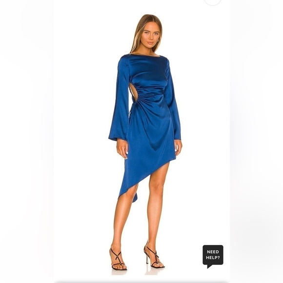 Camila Coelho Dresses & Skirts - Camila Coelho Midi Dress M Luna Blue Satin Cutout Long Sleeve Navy Ruch Revolve